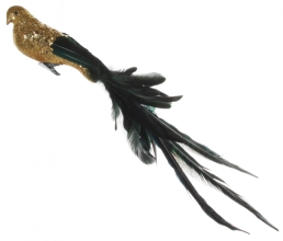 New Years decor Bird with a pheasants tail, Shishi, gold-green, 55 cm, art. 49515